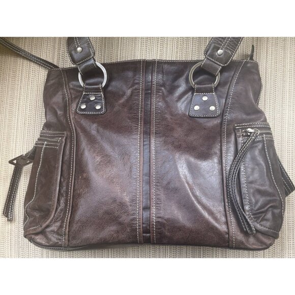 Kenneth Cole Reaction Large Brown Leather Distressed Shoulder Bag Many Zippers - Picture 1 of 12